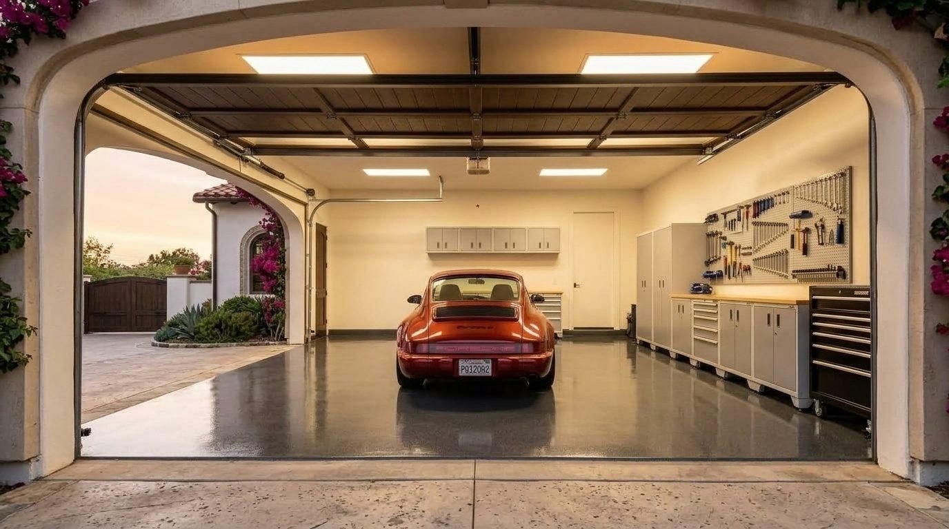 Teddy and Theodore Garage Door Interior View of Custom Garage Door Overhead and Workshop
